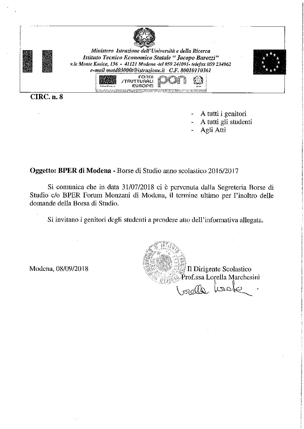 Borsa di studio BPER Modena Ites Jacopo Barozzi